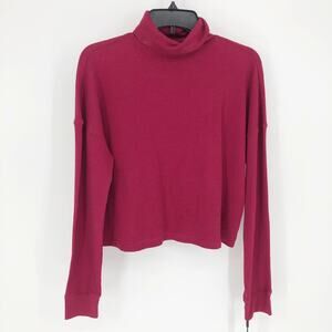 CALVIN KLEIN PERFORMANCE Crop Turtleneck Medium Burgundy Stretch Waffle Knit NWT